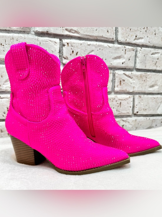 Cathy Din Shoes - Cathy Din Dolly Neon Hot Pink Rhinestone Cowgirl Glam Ankle Booties Size 7